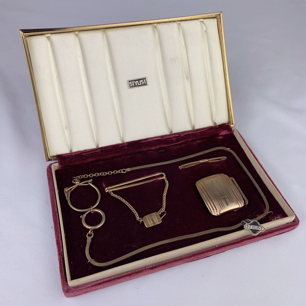 Stylist 14k Gold Plated Collar Tie Bar Watch Chain Belt Buckle Mens Set VTG O1